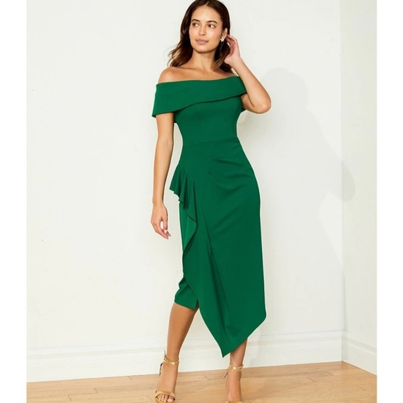 $239 Midi Green Off the Shoulder Scuba Crepe Side Ruched Dress - Picture 8 of 13